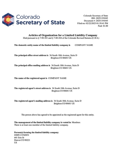 USA Colorado articles of organization Word and PDF template, version 2